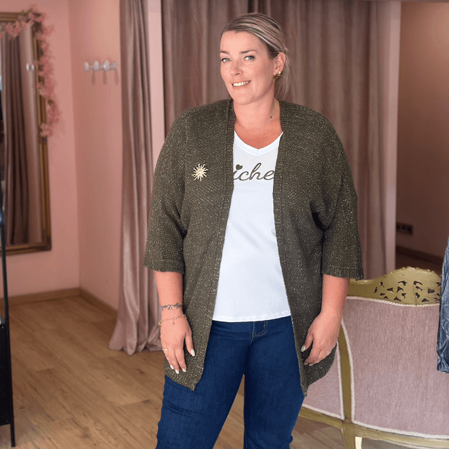 8601-Gilet long brillant avec broche Taille unique du 42 au 52