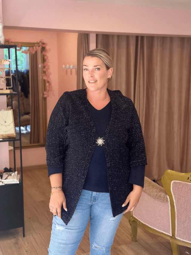 8601-Gilet long brillant avec broche Taille unique du 42 au 52