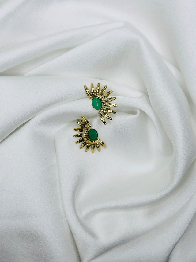 17-Boucles d'oreilles plumes pierre verte 