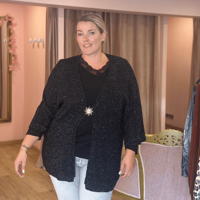 8601-Gilet long brillant avec broche Taille unique du 42 au 52