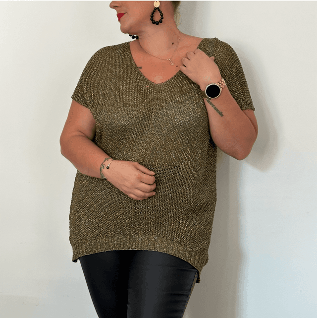 2516-Pull crochet kaki doré Taille unique 42-52
